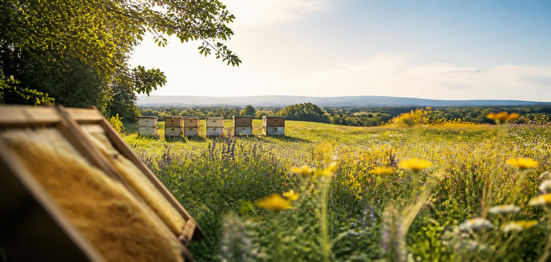 Beehives in a sunlit wildflower meadow