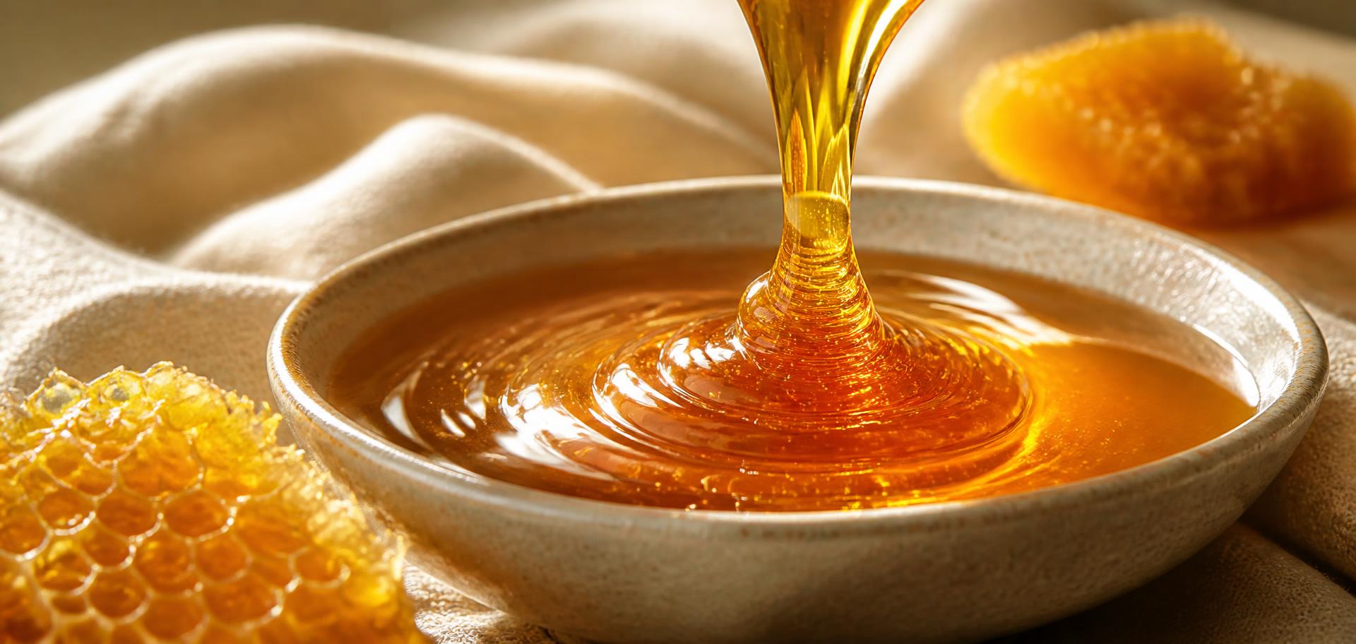 Golden honey pouring into a bowl