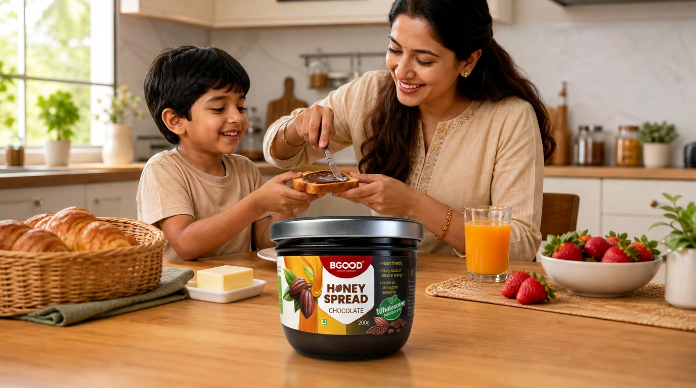 Happy mother and child enjoying BGood honey on toast at breakfast